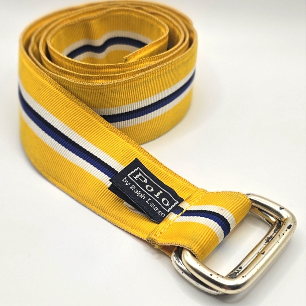 Polo Ralph Lauren Belt | Polo Cloth Belt | Vintage | Yellow | Blue  | 38"|Stripe